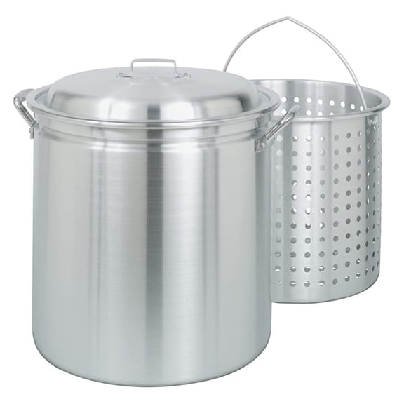 4042 42-qt Aluminum Stockpot w/Basket Features Domed Vented Lid Heavy Riveted Handles Perforated Aluminum Basket Perfect For Boiling Steaming and Canning Handcrafted Design
