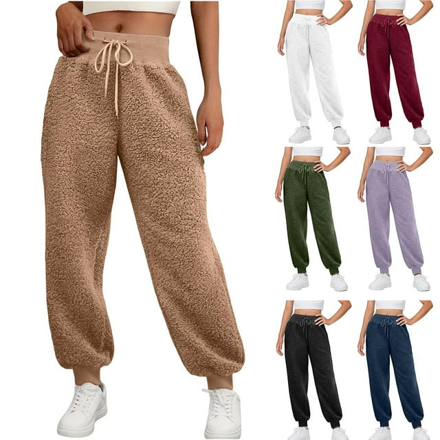 YOIAVAIOY Pantalon de Pyjama en Molleton d'Hiver pour Femmes, Détente, Peluche, Taille à Cordon, Joggers, Doux, Uni, Décontracté, Épais, Chaud, Pantalon Sherpa, Rouge