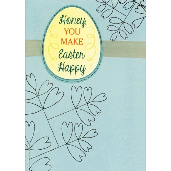 Designer Greetings Yellow Die Cut 3D Tip On Egg, Yellow Ribbon and Bronze Foil Dotted Leaves Honey Easter Card for Husband : Wife : Boyfriend : Girlfriend
