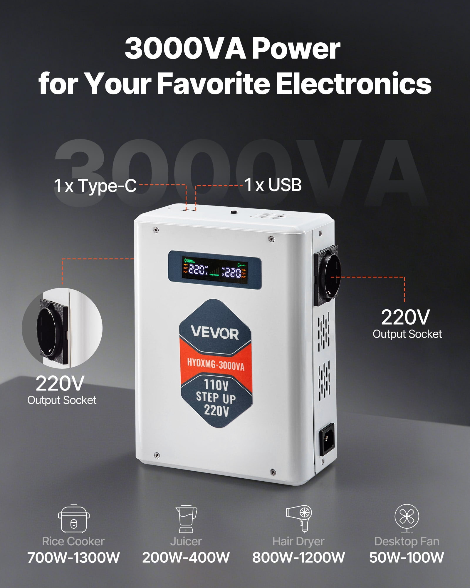 VEVOR Step Up Voltage Converter, 3000W, Heavy Duty Voltage Power Converter, 110V to 220V Power Transformer, with 2 EU Outlets, USB Output, LCD Display, Temperature Protection, for 220V Appliances