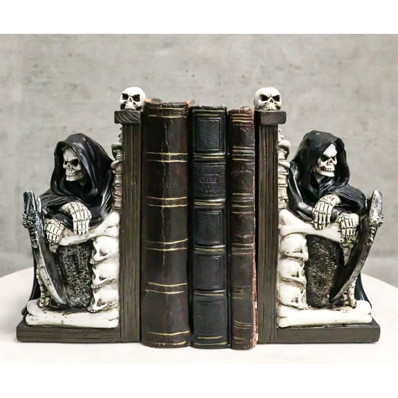 Gothic Grim Reaper Sitting On Skulls And Skeleton Bones Thrones Bookends Statue
