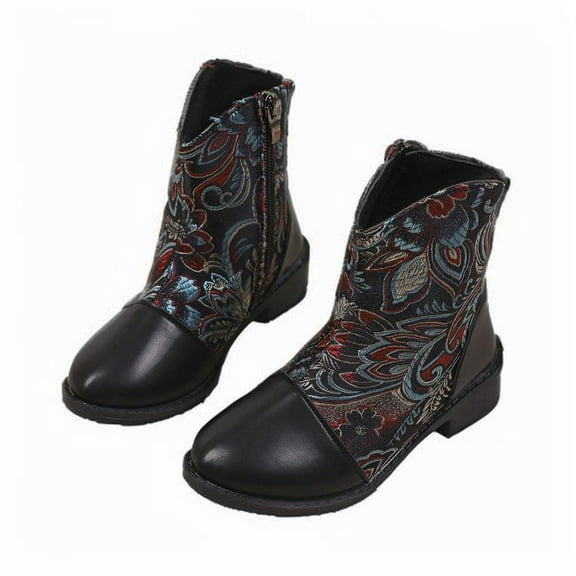 Owordtank Girls Vintage Embroidery Ethnic Style Mid Calf Boots Size Zipper Cowboy Boots Chelsea Booties