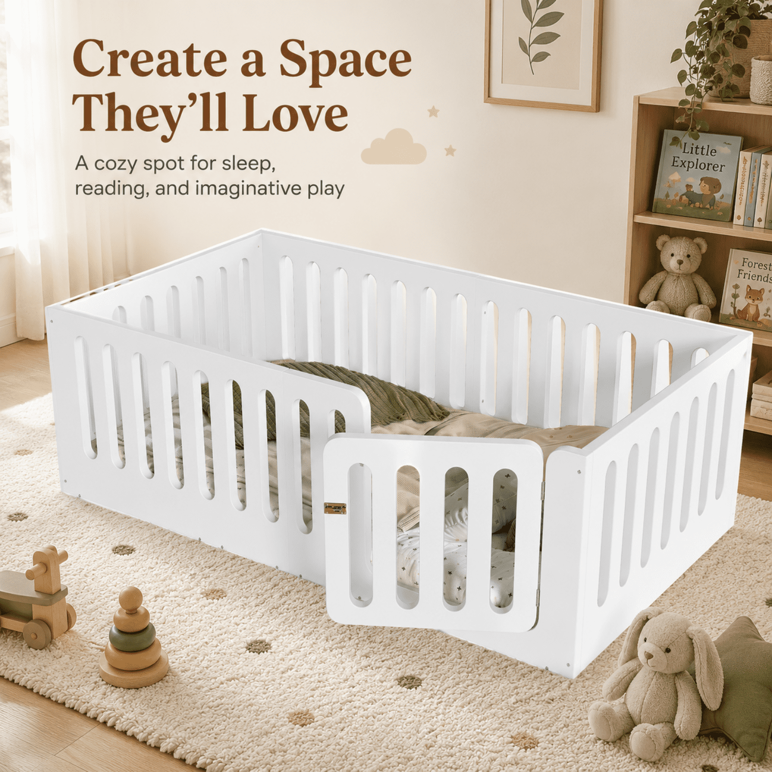 Miniyam Twin Floor Bed for Kids with Door and Guardrails, Low-Profile Wood Bed Frame, White