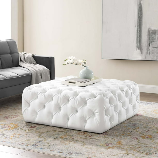 Anthem Tufted Button Large Square Faux Leather Ottoman in White
