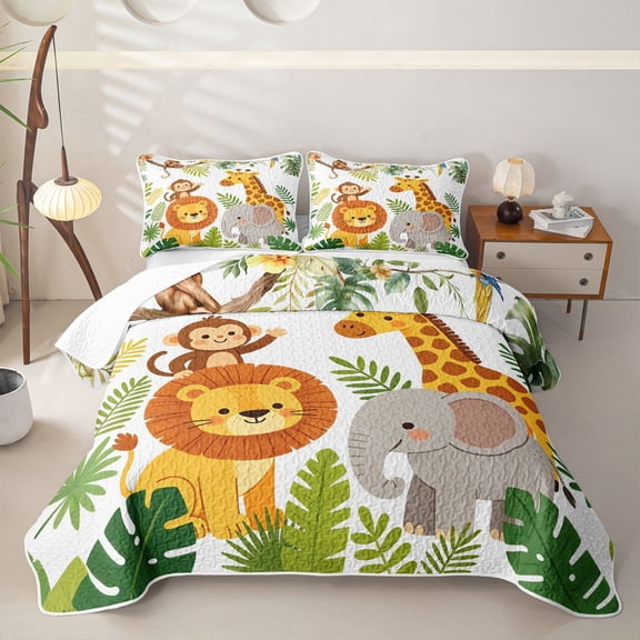Castle Fairy Cute Watercolor Jungle Lion Giraffe Elephant Twin Quilt Set,Cartoon Animal Twin Coverlet Set,Green Brown White