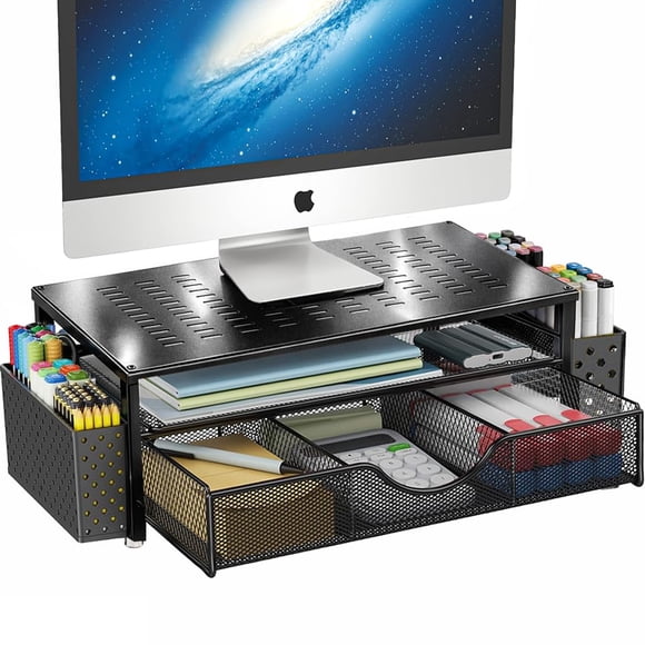 Computer Monitor Stand Riser, 2-Tier Metal Desk Organizer with Drawer & 2 Pen Holders Storage for Desktop, Laptop Stand, Office Desk Access