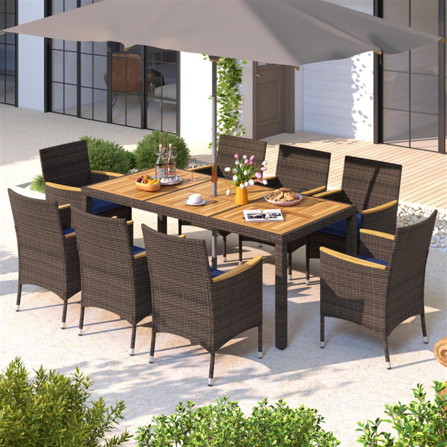 Demi Bonn 9 Piece Outdoor Dining Set with Acacia Wood Table Top, Patio Conversation Furniture Set for Balcony Patio Garden Poolside, Blue