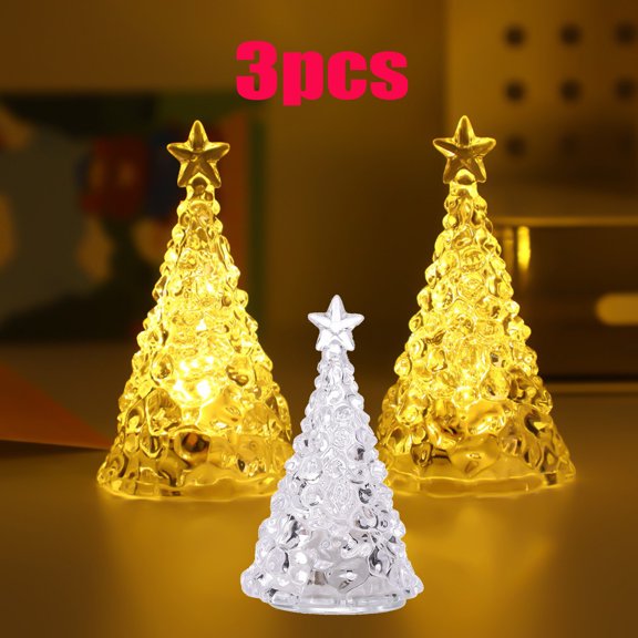KOYPTL 3 Pcs Mini Christmas Tree Night Lights with Topper Star,Battery Operated Xmas Ornament Flicker Golden Light,Christmas Table Decorations for Bedroom Bedside Tabletop Indoor Home Decor Xmas Gift
