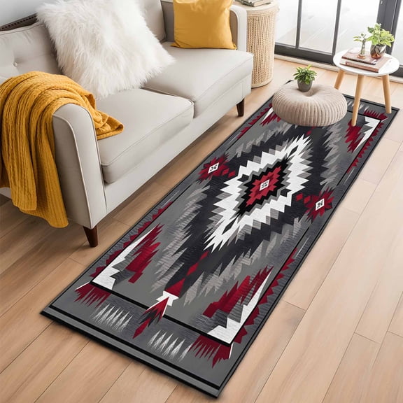 2'x6' Rug Runners for Hallways Kitchen, Boho Red Grey Non Slip Entryway Beside Floor Carpet Runner, Geometric Southwestern Retro Ethnic Washable Laundry Room Bedroom Throw Rugs Mat for Family Pet