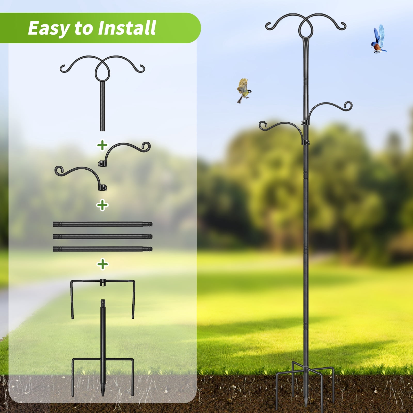 KOLAKO Bird Feeders Hanging Station, 193cm Bird Feeder Pole, Heavy Duty Bird Feeding Station, Garden Shepherds Crook Hooks for Outdoors Lanterns Light, Black