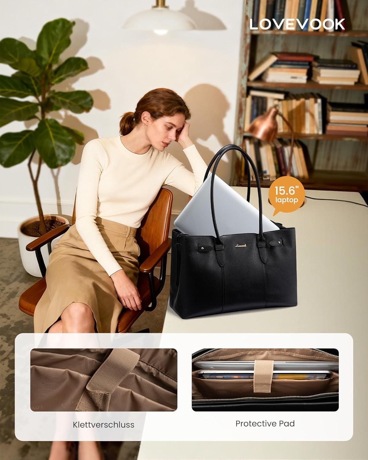 LOVEVOOK Laptop Tote Bag for Women, 15.6 Inch Waterproof Leather Computer Work Purse with Zipper for Teacher & Travel