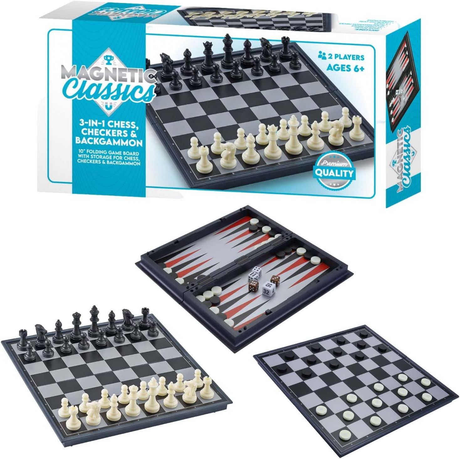Tradeopia Magnetic Classics – 10 Inch Magnetic 3 in 1 Chess Checkers & Backgammon Game