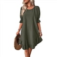 thumbnail image 1 of Vestido Corto Holgado con Mangas Abullonadas, Bajo con Volantes, Cuello Redondo, Fruncido, Color Verde , Talla L, 1 of 10