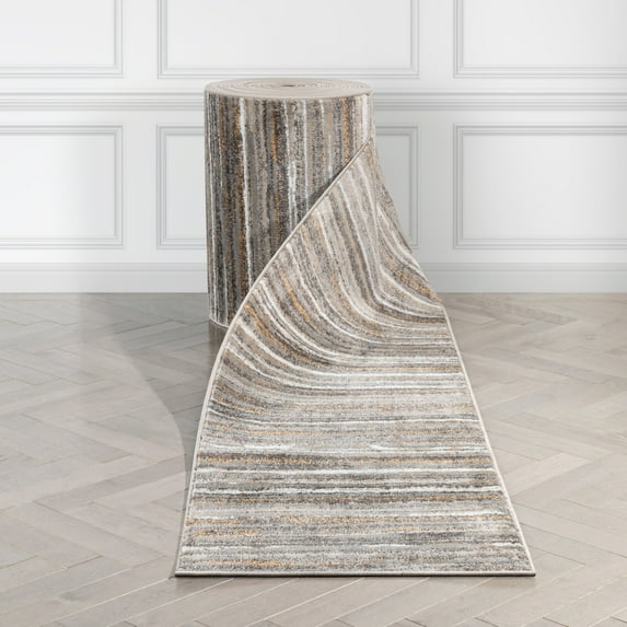 Well Woven Custom Size Runner - Choose Your Length - Maeke Grey & Golden Rust Abstract Geometric Stripes 31 Inches Wide x 55 Feet Long Runner (31" x 55' Runner) Rug