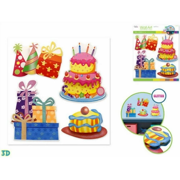 Birthday Party Wall Stickers 4Pc W/Glitter 3D Decor Cake Presents Hats Candles