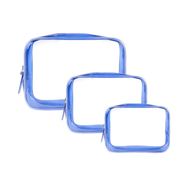 EeaseMX Bolsa de maquillaje de PVC de 3 piezas, transparente, impermeable, organizador de viaje, portátil, para casa, viaje, color azul