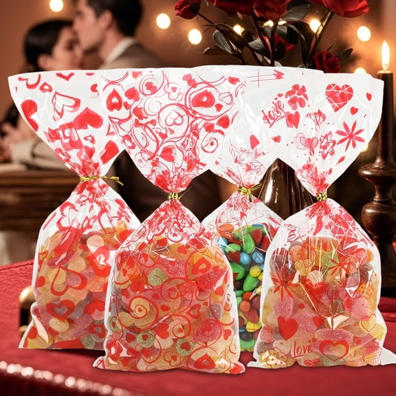 50Pcs Valentines Cellophane Bags, Plastic Clear Red Valentine Candy Cookie Gift Goodie Snack Bag with 60Pcs Twist Ties for Valentines Wedding Party Favor Supplies