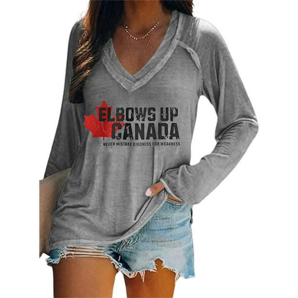 MHFRRA Camiseta de Manga Larga con Cuello En V y Estampado de La Bandera de Canadá para Mujer Gris