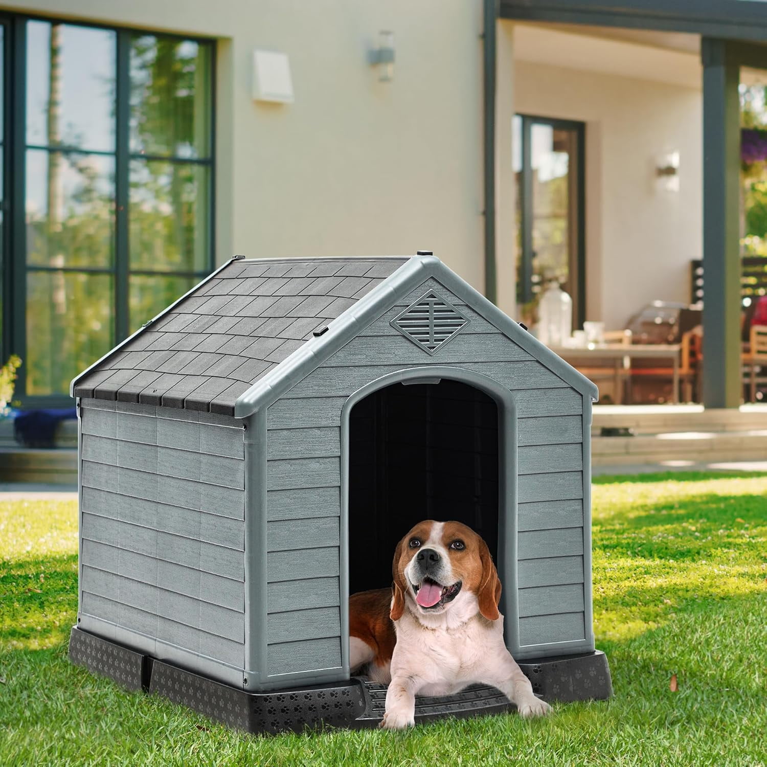 28.5'' Plastic Dog House Outdoor Indoor Doghouse Puppy Shelter Water Resistant Easy Assembly Sturdy Dog Kennel with Air Vents and Elevated Floor (28.5''L*26''W*28''H, Blue)