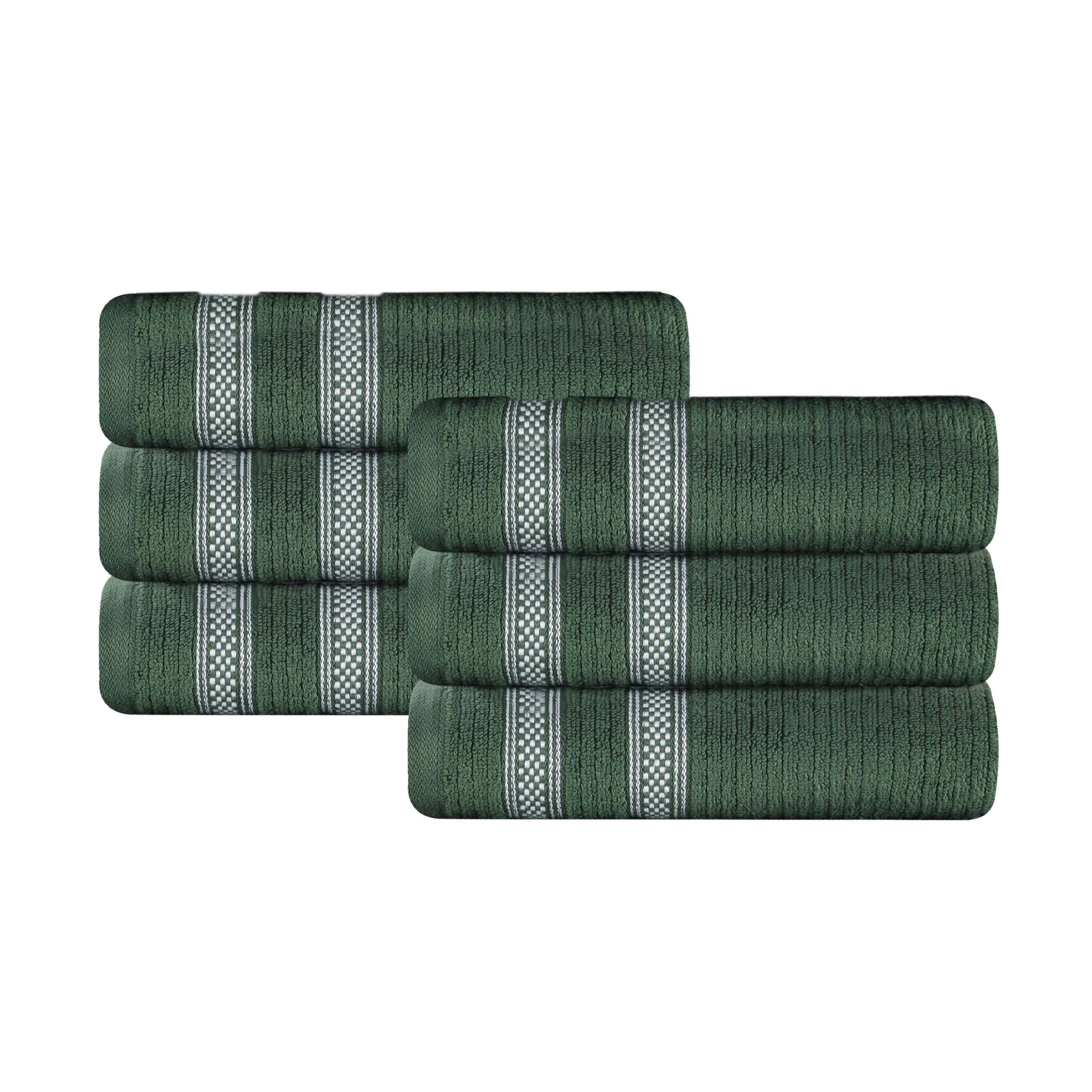 Superior Zero Twist Cotton Ribbed Geometric Hand Towel Set of 6, Ultra Soft Quick Dry, Forest Green