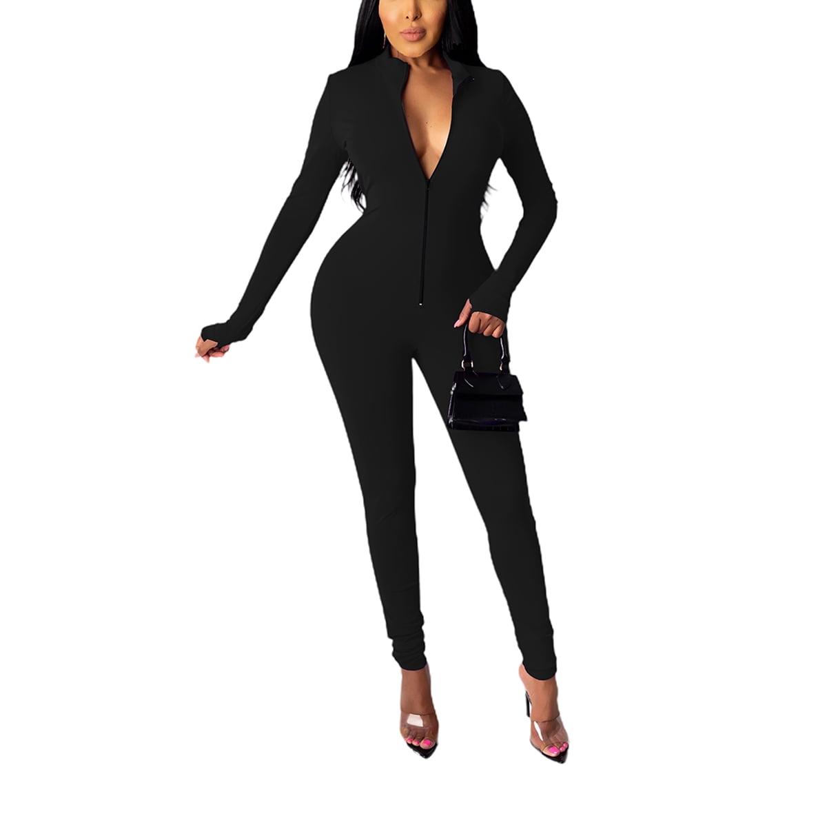 Women Solid Color One Piece Jumpsuit, Zipper Front Long Sleeve