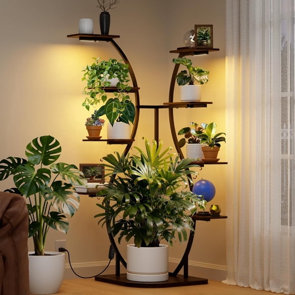 Barrina LS12 Corner Plant Stand with Grow Light 62.2" Tall 9-Tier Plant Shelf for Large Plant Warm Full Spectrum T5 Grow Lights S-Shape Corner Flower Holder for Living Room Home Decor Gardening