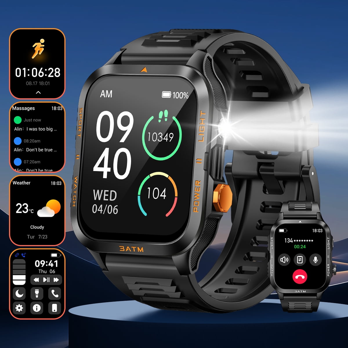 QTLLBT KT89 Series Alarm Smart Watch No Plan-Unlocked Device 1.96in Black Aluminum Case with Black Sports Band