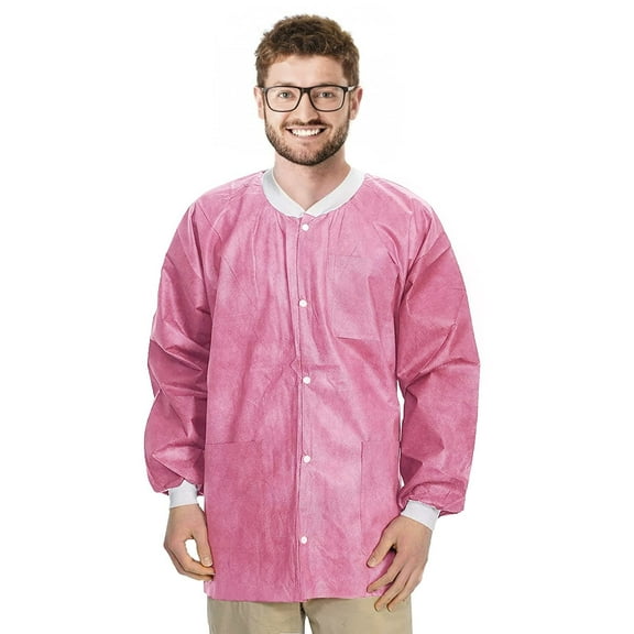 Cranberry Disposable Lab Jackets, 2X-Large. Pack of 50 Disposable Lab Coat 45 GSM SMS. Durable Medical PPE Jackets. Hip-Length Snap Front Jacket with Knit Cuffs & Collar, 3 Pockets