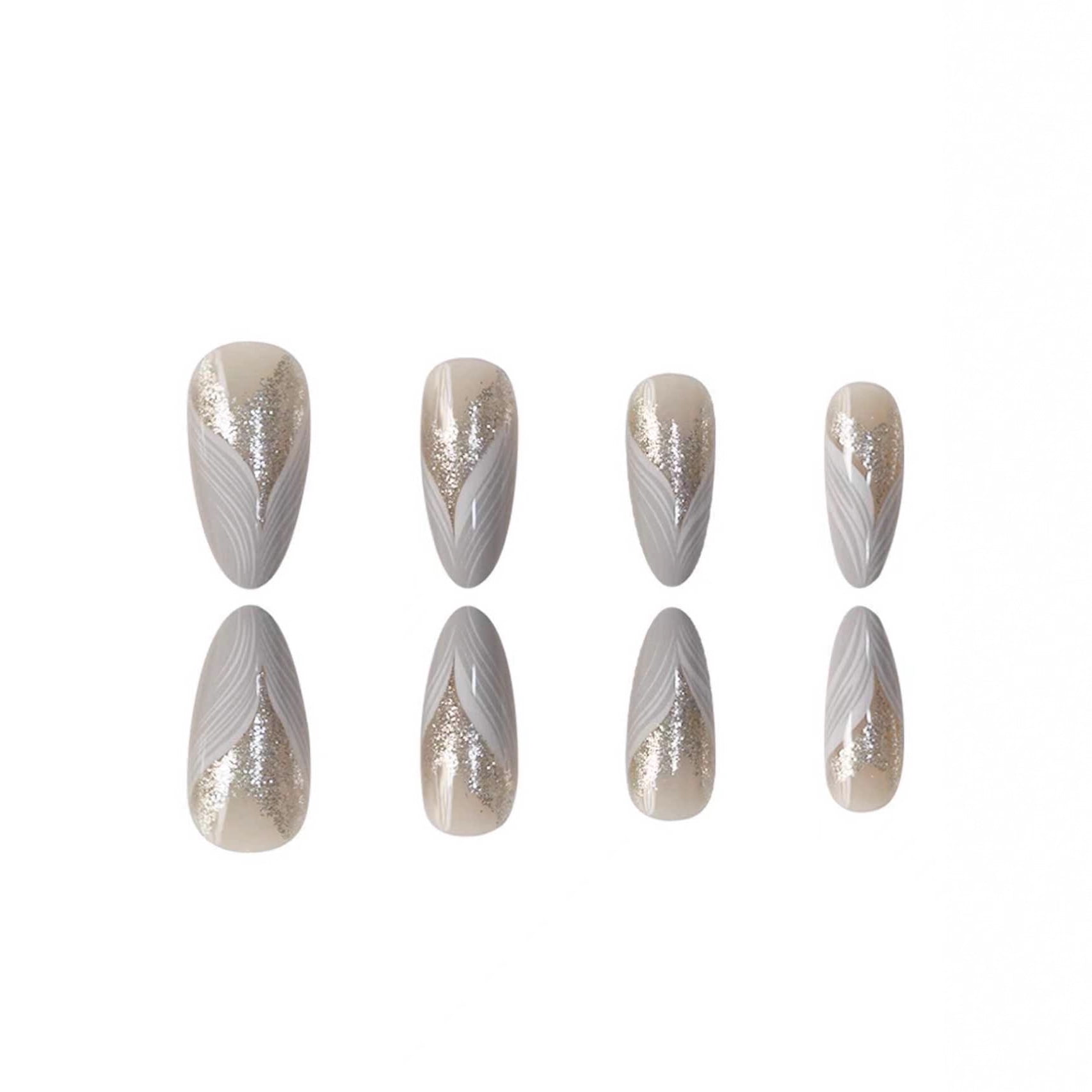 Cross-border hot sale almond fake nails ins wind feather graffiti fashion glitter embellishment wearing nail finished product wholesale