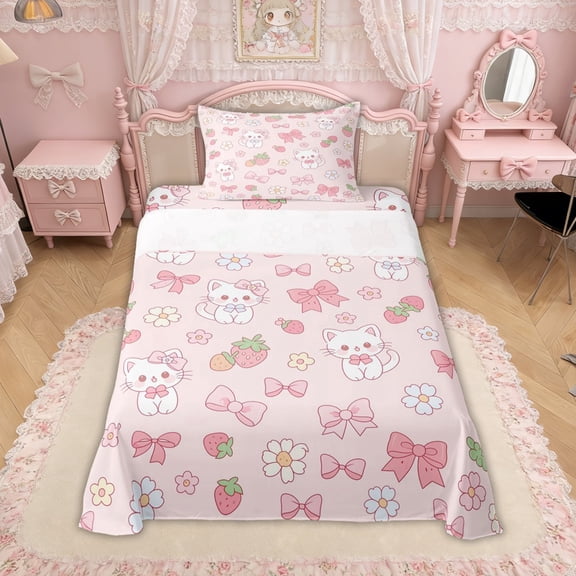 Erosebridal Bowknot Cat Strawberry Twin Sheet Sets for Girls, Cute Groovy Flower Bedding, 3pcs