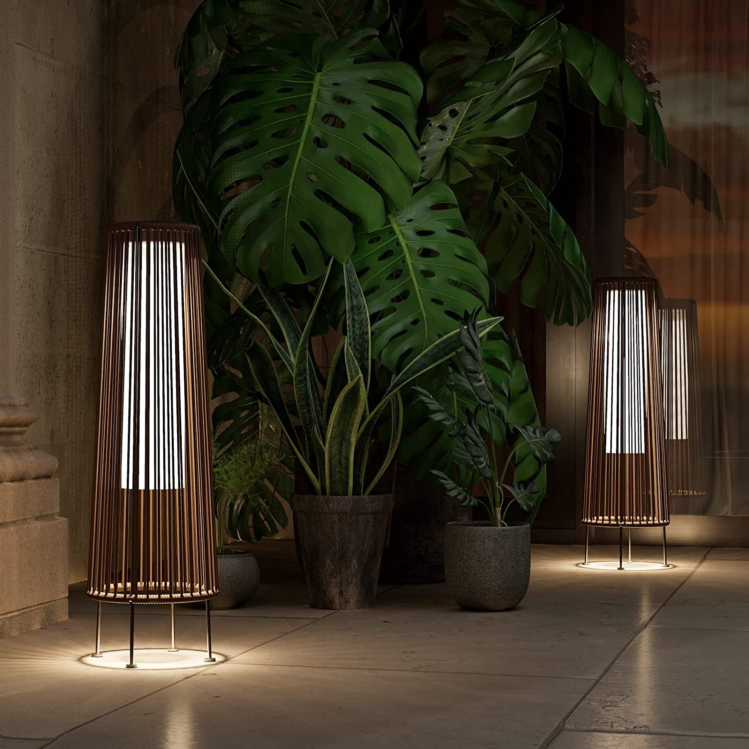 Outdoor Floor Solar Light 2-Pack, All-Weather Wicker Solar Patio Lamp, Dark Brown