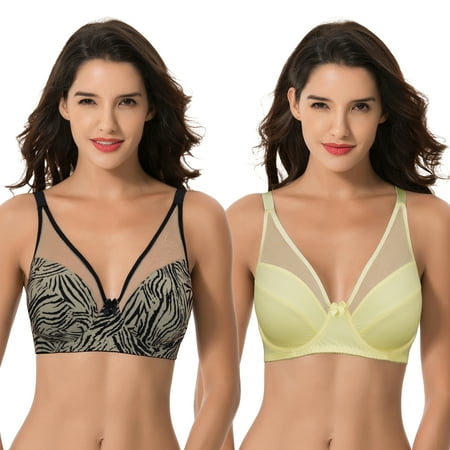 Curve Muse Plus Size Minimizer Underwire Bra with Floral and leopard Print-2pack-YEL BLACK/GREY (Size:46D)