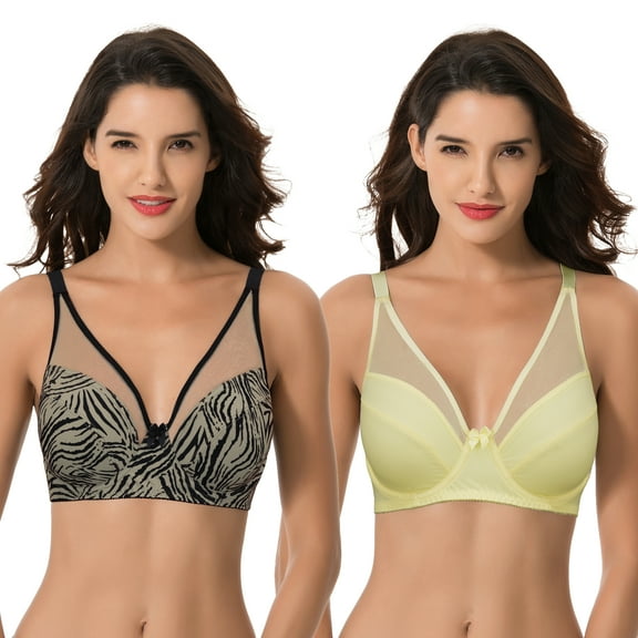Curve Muse Plus Size Minimizer Underwire Bra with Floral and leopard Print-2pack-YEL,BLACK/GREY (Size:34B)