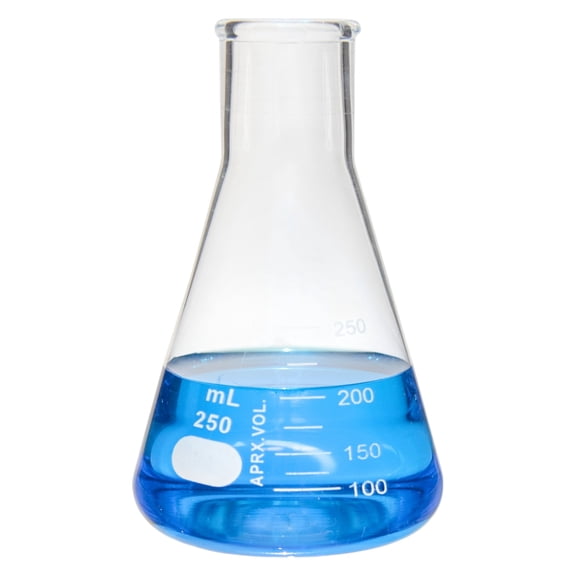 Flask - Erlenmeyer Flask, Conical Shape, Standard Neck, 250ml capacity, Borosilicate Glass, that is resistant to thermal shock and a good fit for any laboratory, science classroom, or homeschool.