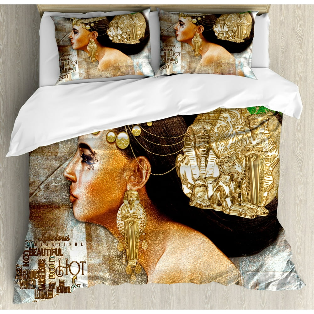 Egyptian Duvet Cover Set, Woman Queen Cleopatra Profile Historical Art