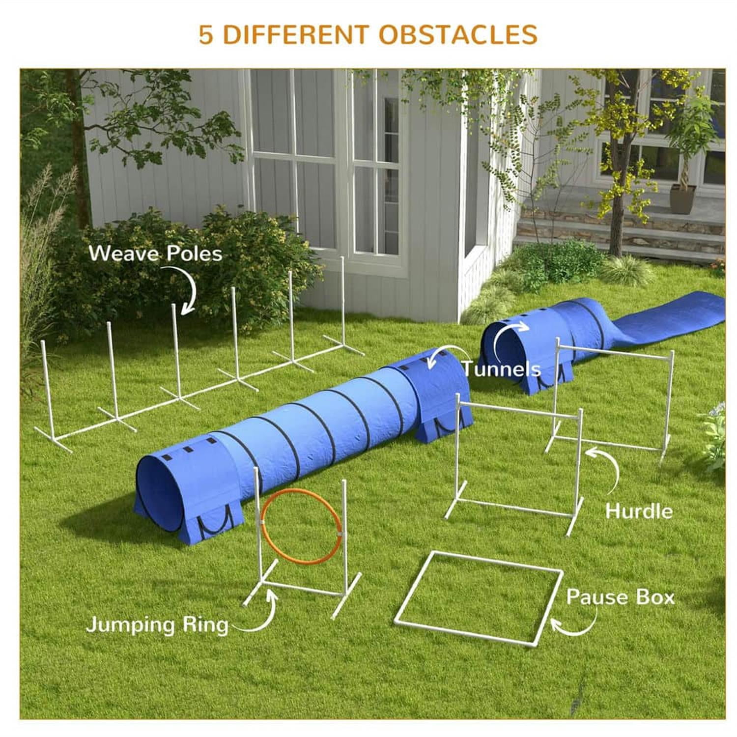 Kadyn 7 Piece Dog Agility Training Set with Tunnels, Weave Poles, Adjustable Hurdle, Jumping Ring, Pause Box for Indoor Outdoor Play, Blue
