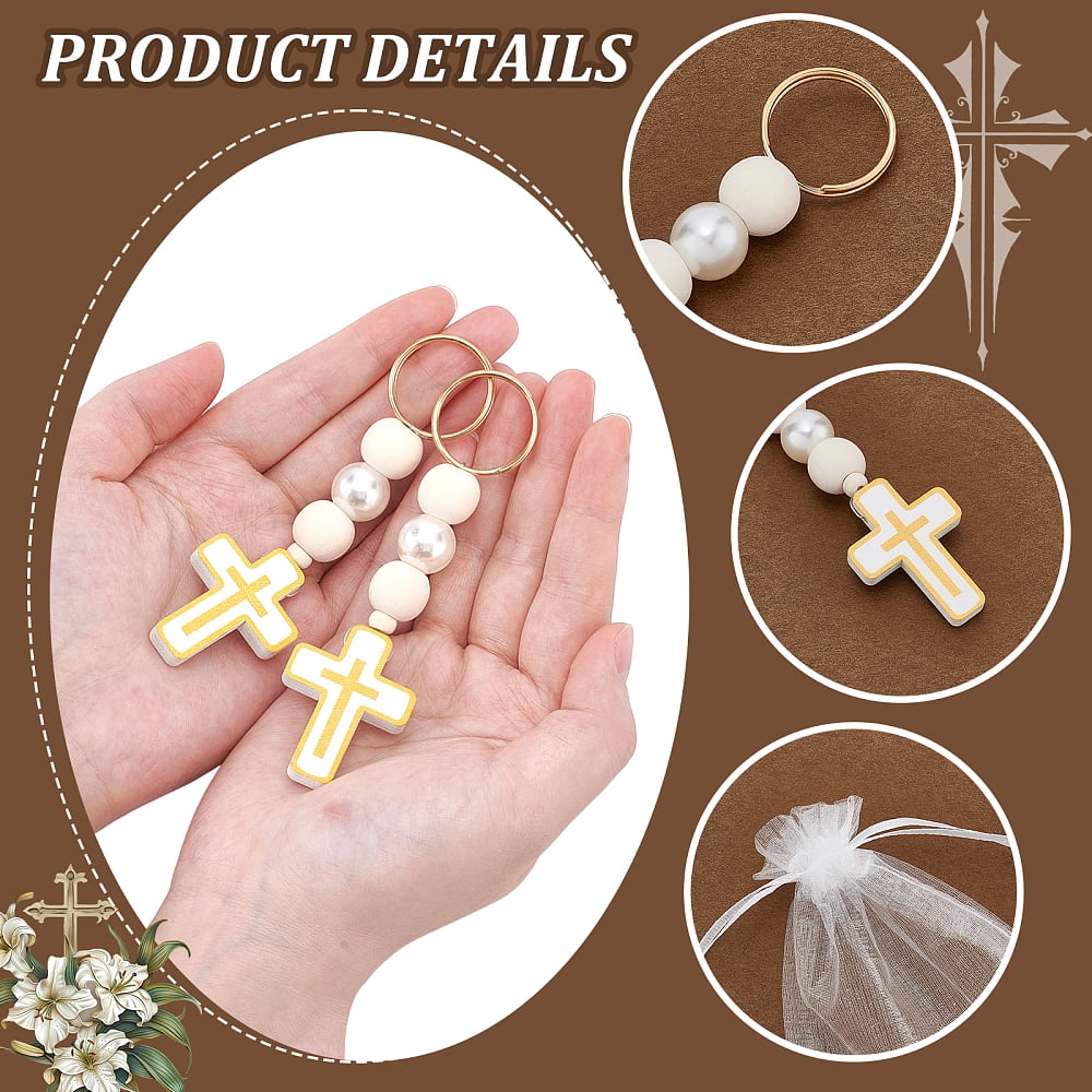 30 Set Baptism Keychain Favors Rosary Beads with Keychain Women Christian Keyring with Organza Bag Christening Baptism First Communion Gifts