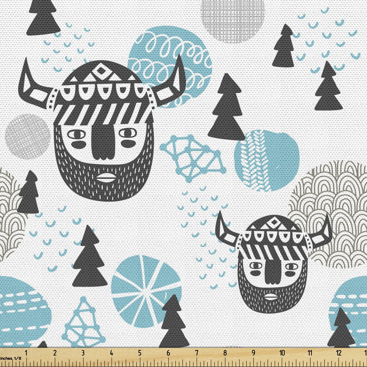 Vikings Fabric by the Yard Pattern with Viking Faces Trees and Northern