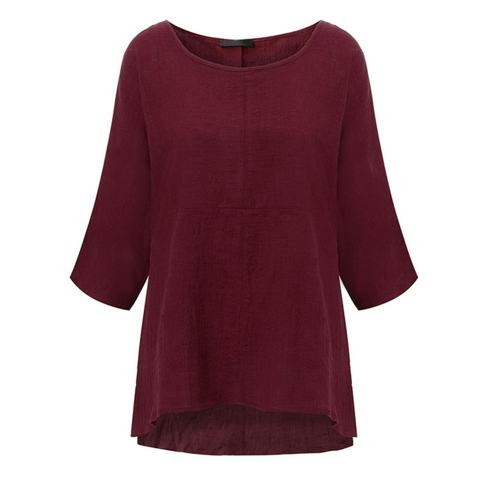 Wodstyle - Womens 3/4 Sleeve Cotton Linen Plain Casual T-Shirt Tops ...