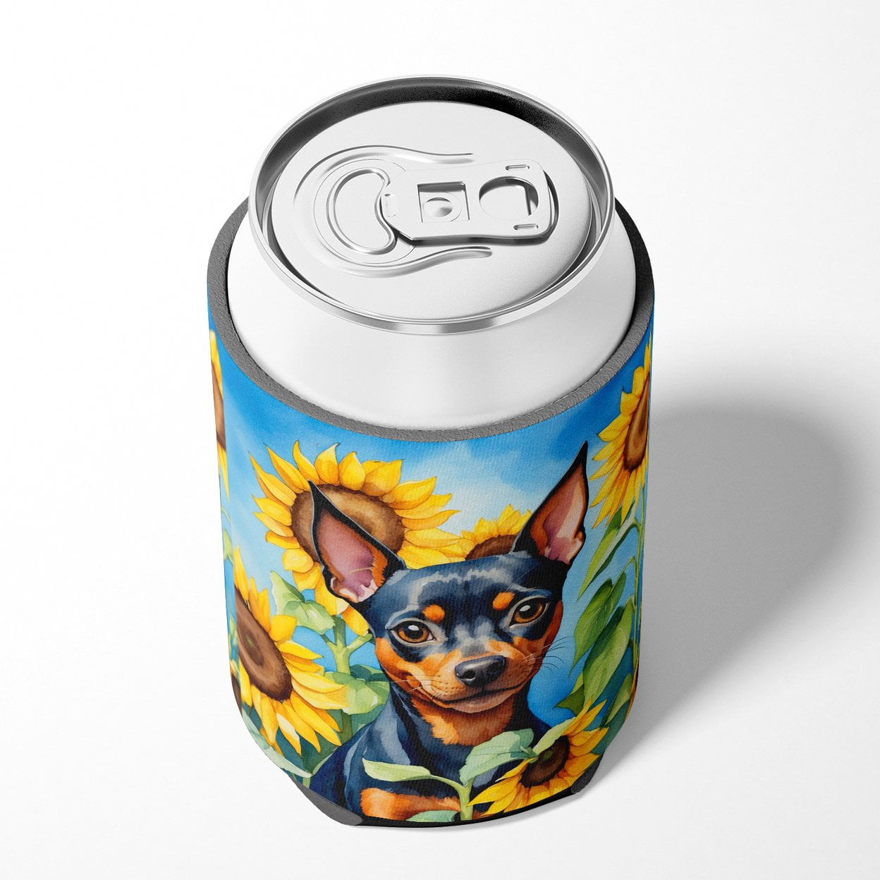 Miniature Pinscher in Sunflowers Can or Bottle Hugger 3 in x 5 in