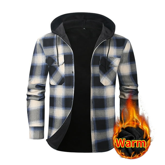 Ceisia Men's Fleece Lined Checked Hooded Shirt Jacket Double Pockets Button Warm Gift Cardigan