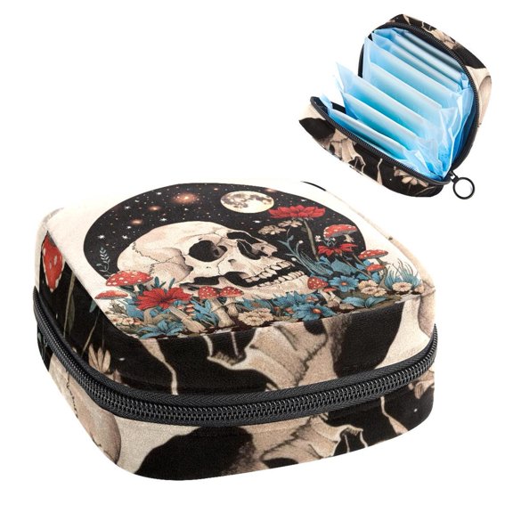 Sanitary Napkin Storage Bag for Girls Women, Portable First Period Pads Bag Tampons Holder Girls Travel Makeup Bag, Large Capacity Skeleton Mushroom Plants Flowers Moon and Stars Pattern