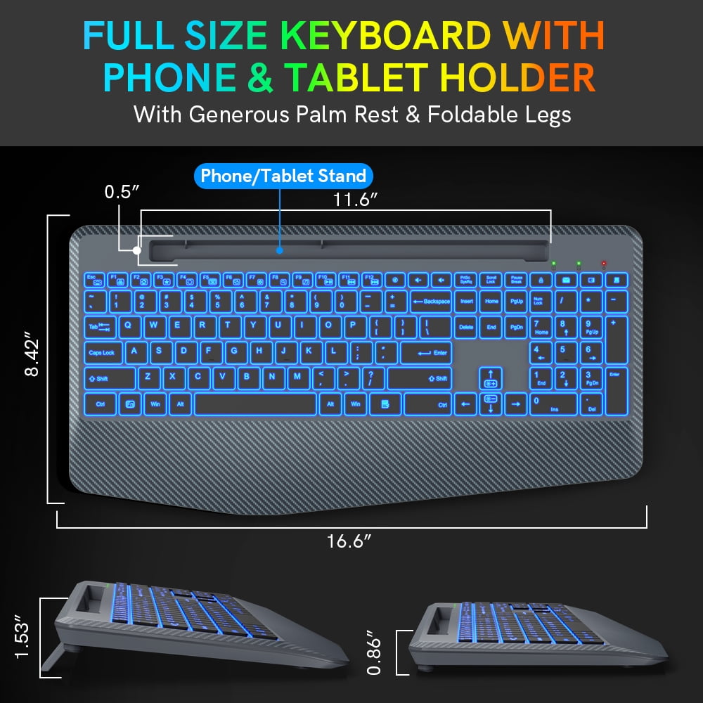 Wireless Keyboard with 7 Colored Backlits, Wrist Rest-Gray-Wagpak