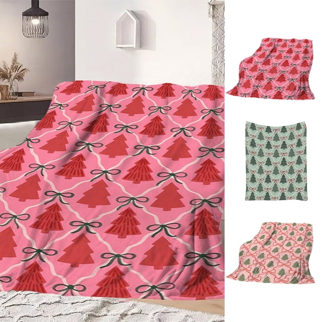 Manta Navideña de Franela con Árbol de Navidad | Escena de Bosque Nevado | Manta Gruesa Estampada | Manta de Felpa de Doble Cara para Siesta | Manta de Regalo Navideña | Poliéster Verde | 100 X 70 Cm