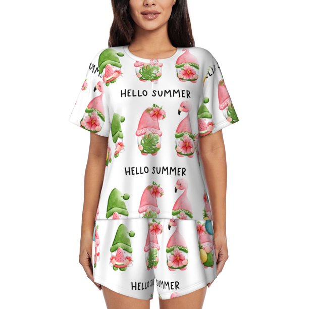 Fotbe Hello Summer Gnome Conjunto de Pijama Estampado para Mujer, 2 Piezas, Ropa de Dormir con Camiseta de Manga Corta y Shorts Suaves-XX-Large