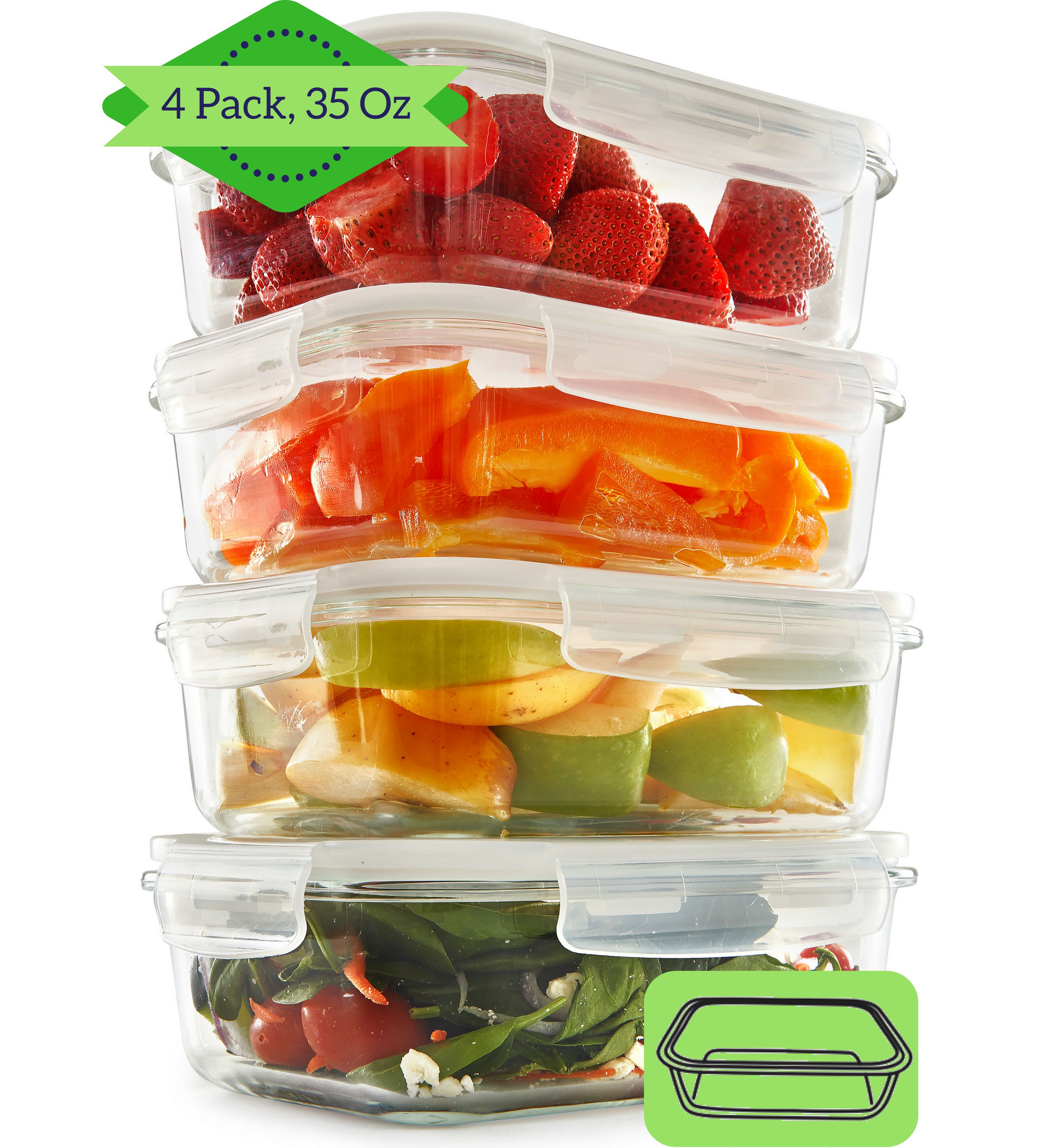 Glass Meal Prep Containers (4 Pack, 35 Oz) Food Storage Containers