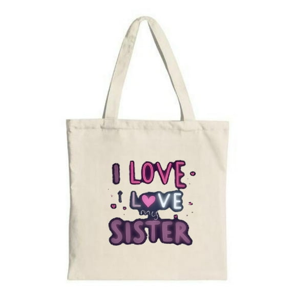 Colorful " I LOVE LOVE SISTER " tote bag with hearts and stars perfect for shopping travel and parties Durable canvas design