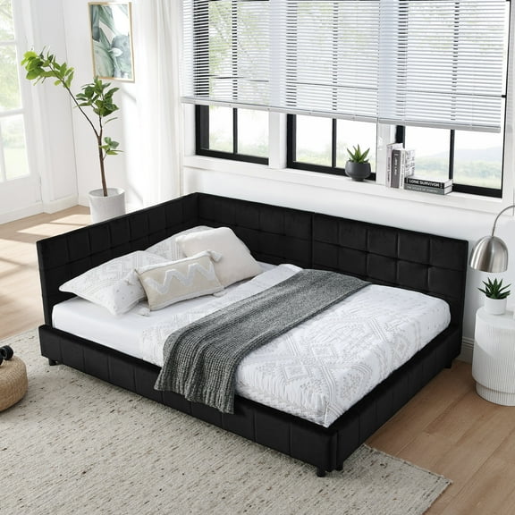 Bed Frames Full Size Upholstered Tufted Bed Frame, Sofa Bed Frame with Comfortable Backrest and Armrests, Full Size Bed for Bedroom, Living Room,Velvet, Black(80.5''*59''*30.5''),Adjustable Bed Base