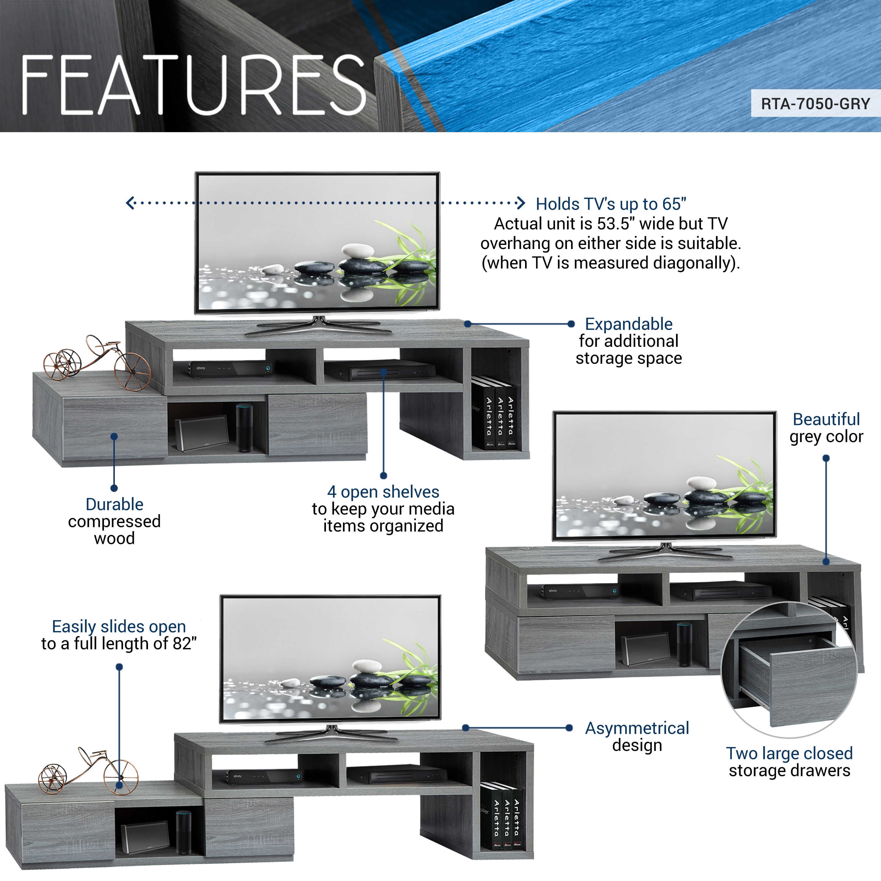 Techni Office Solutions 82.75" Gray Durable Adjustable Television Stand