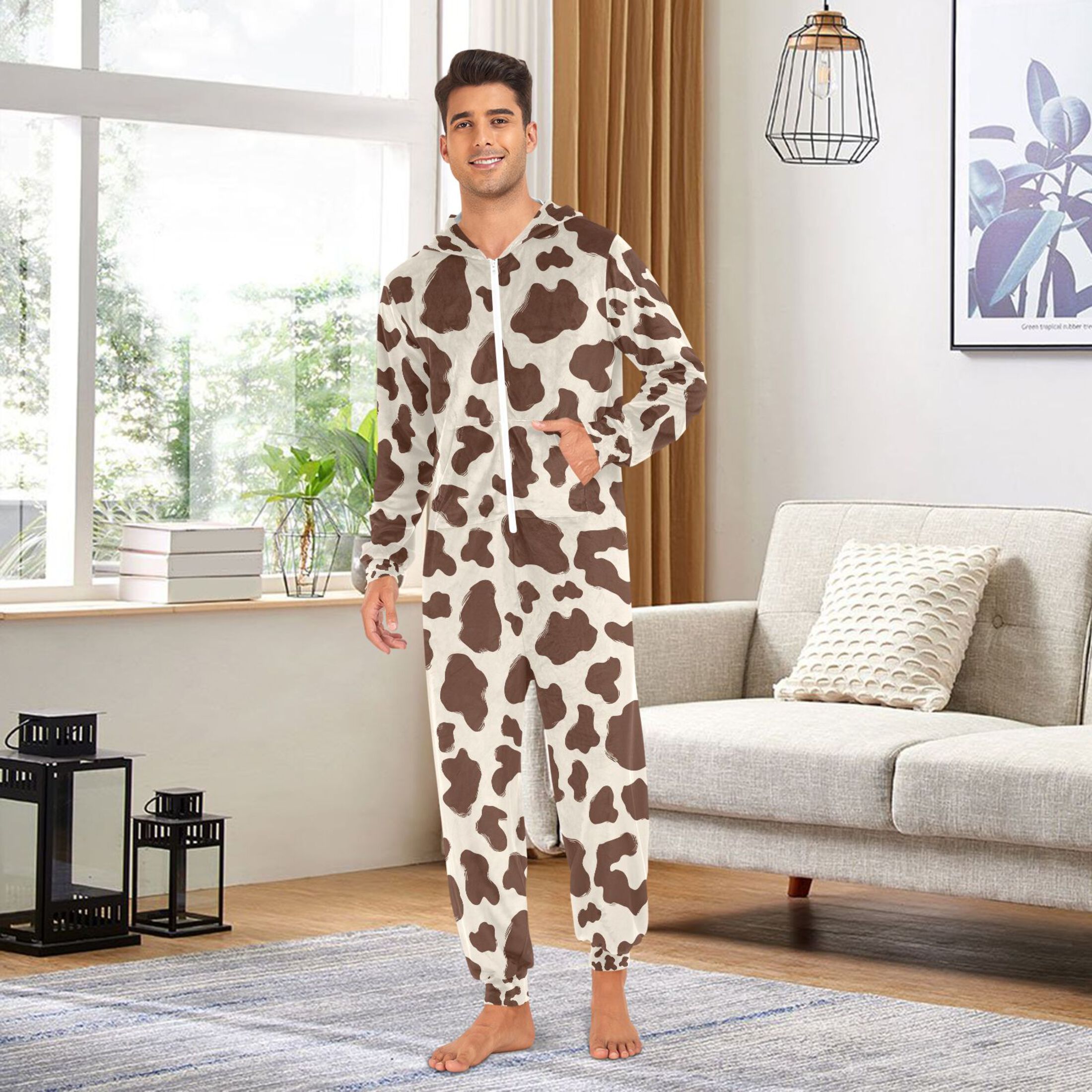Adult Christmas Onesie Brown and White Cow Print Spots Adult Zipper One-Piece Pajamas Unisex Pajamas with Pockets